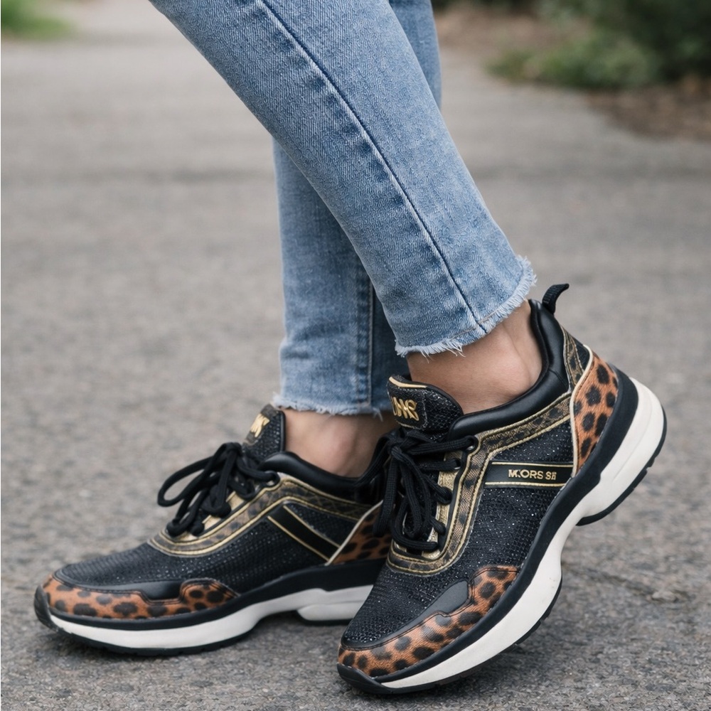 Michael Kors Leopard Print Sneakers Black Gold Trainer Shoes Size 3